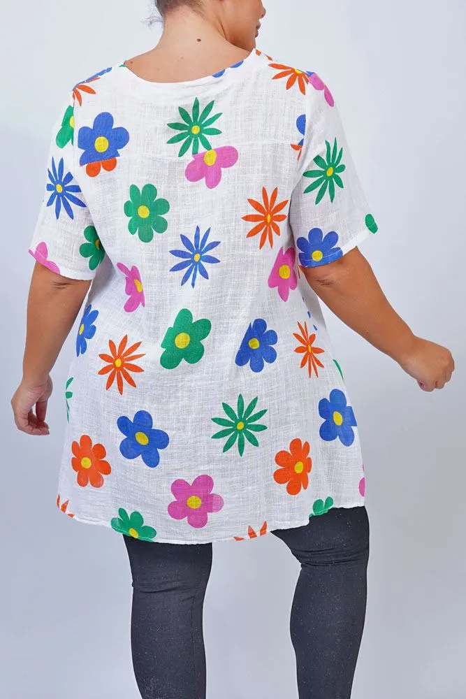 Daisy Flower Print Side Button Detail Cotton Top