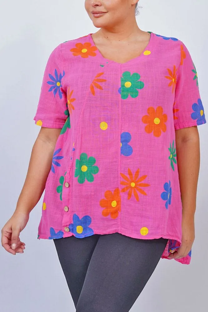 Daisy Flower Print Side Button Detail Cotton Top