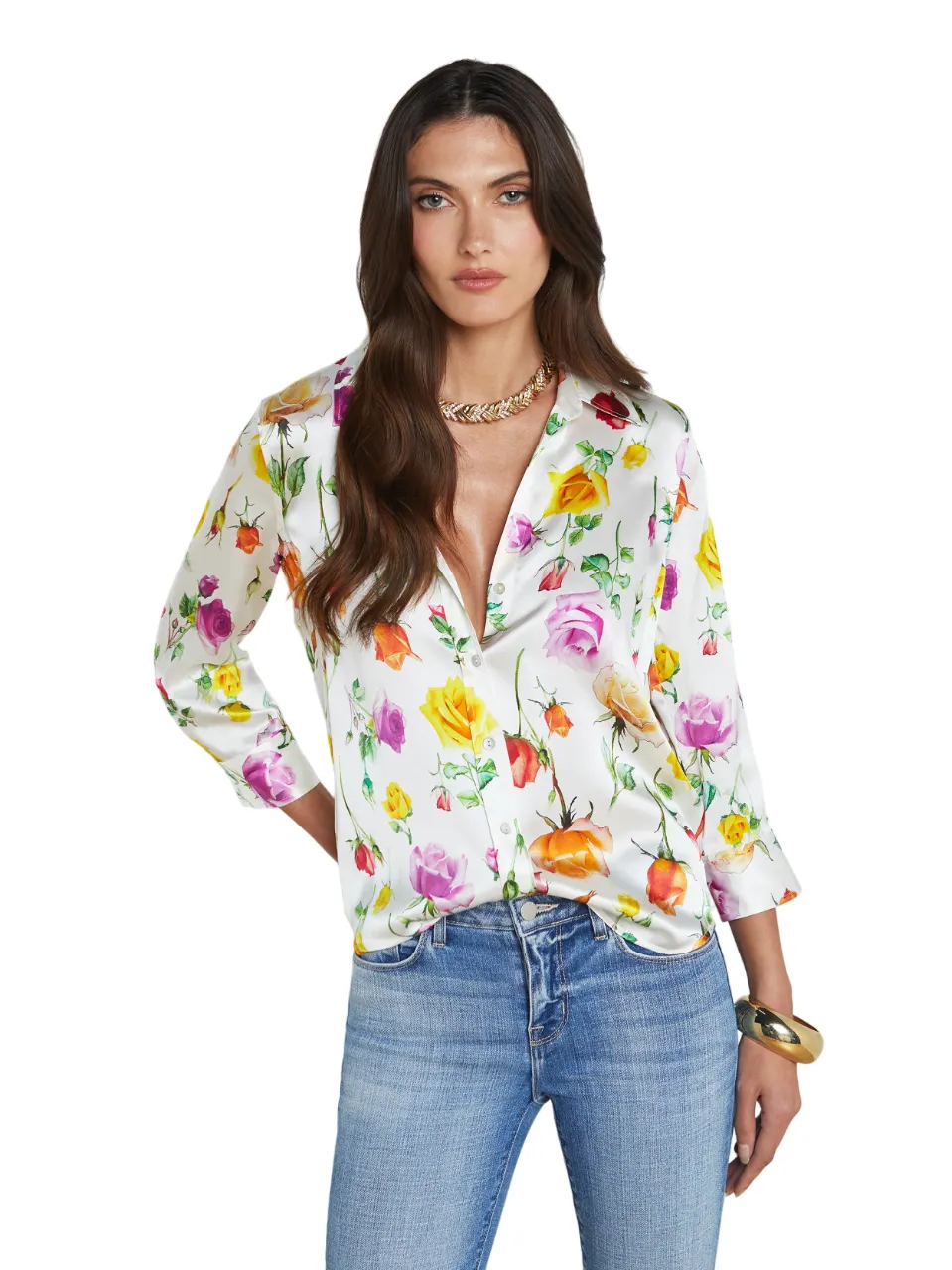 Dani Silk Blouse - White Multi Mix Rose