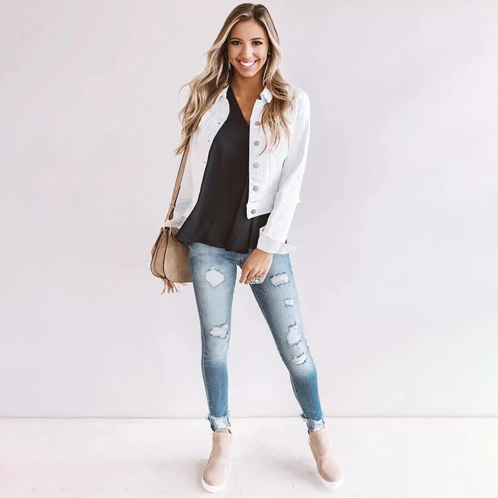 Denim Button Lapel Solid Short Jacket