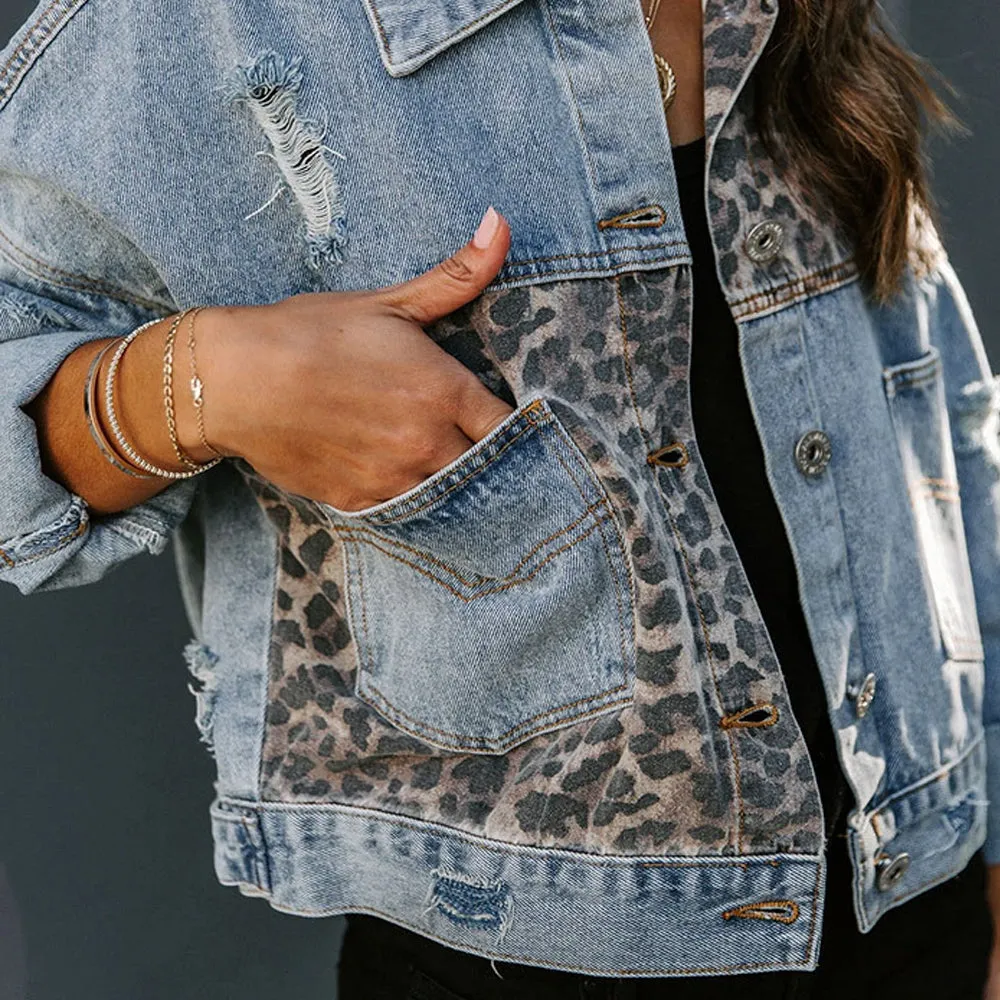 Denim Leopard Printed Splicing Jacket