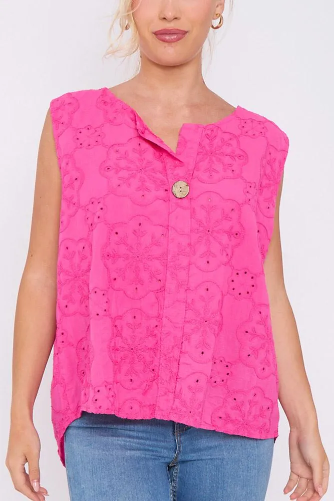 Embroidered Floral Pattern High Low Hem Top