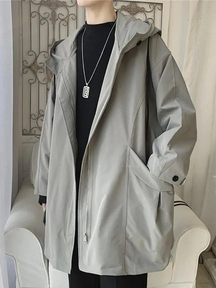 Foesce-Windbreaker Men's Mid-length Spring Autumn Trench Coat Hooded Jacket Korean Trend Handsome Preppy Cape Cloak Punk Streetwear