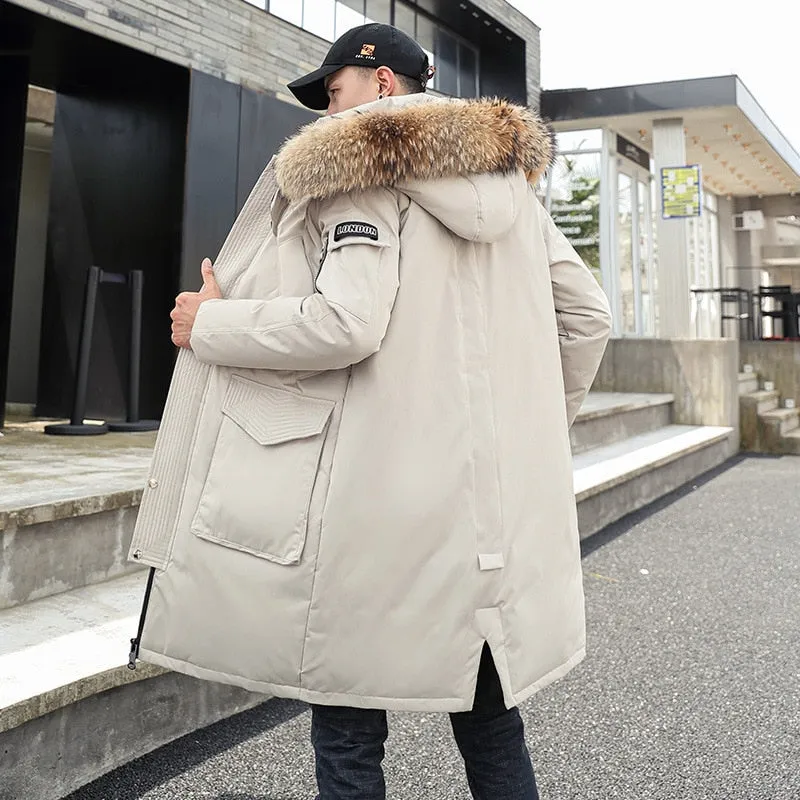 Foesce -30 Degree Couple Winter White Duck Down Jacket Long Keep Warm Thicken Coat Men Fashion Hooded Fur Collar Windbreaker Down Parka