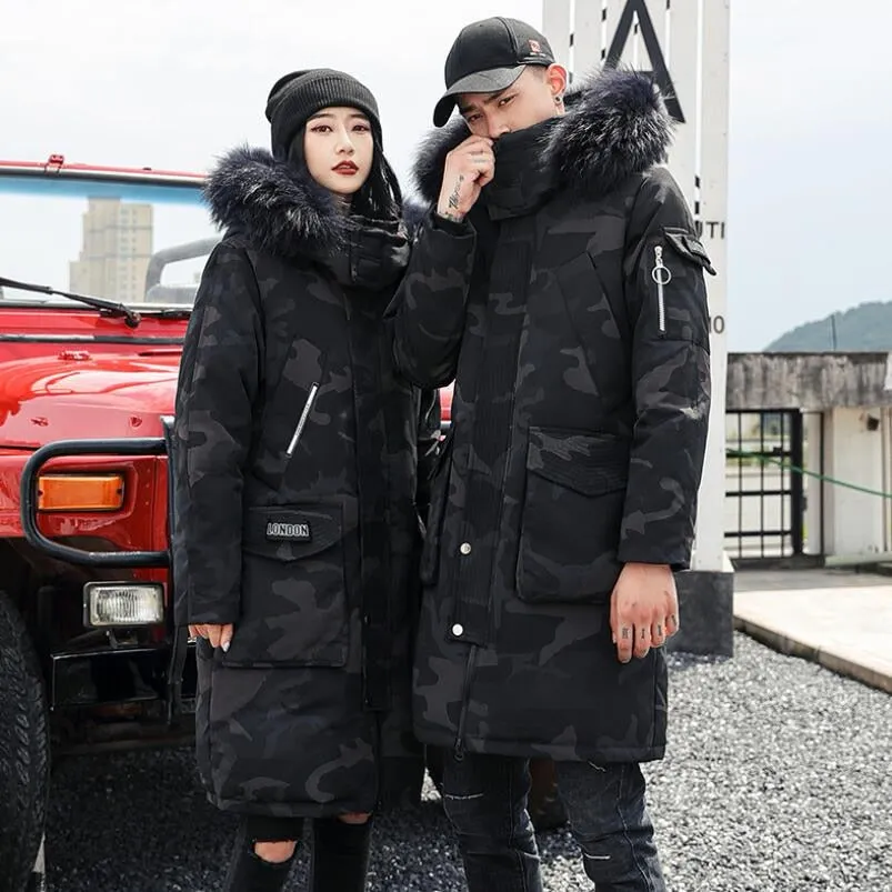 Foesce -30 Degree Couple Winter White Duck Down Jacket Long Keep Warm Thicken Coat Men Fashion Hooded Fur Collar Windbreaker Down Parka