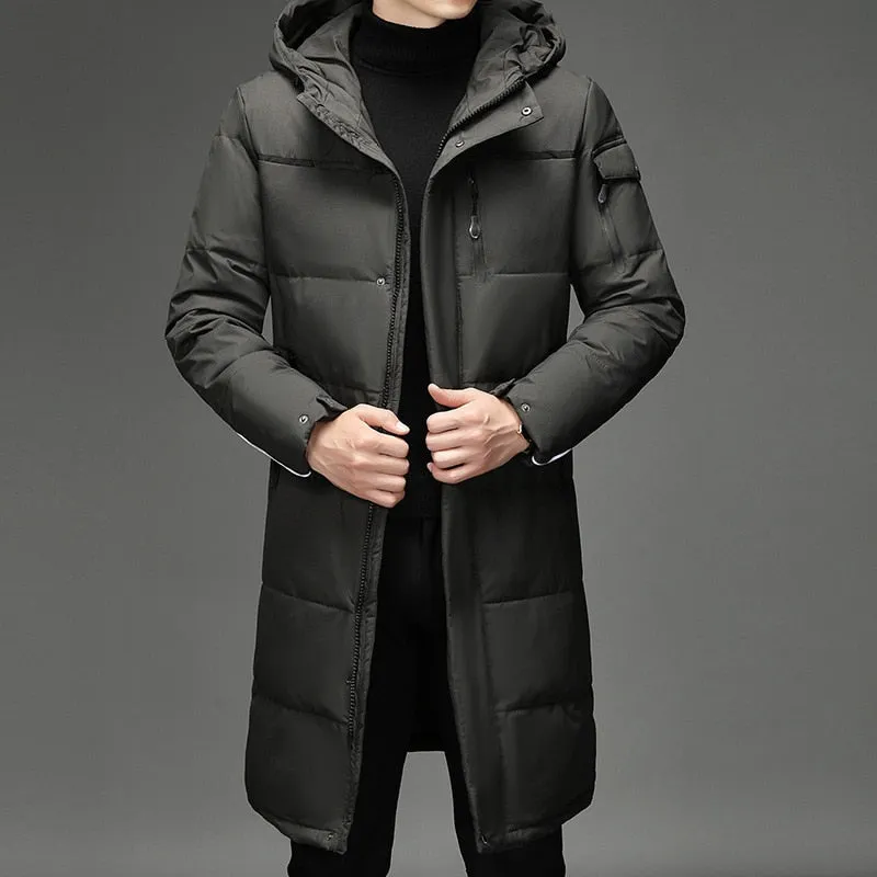 Foesce -Hooded Black Down Jackets New Mid-length Down Jacket Men Clothing  Winter Fashion Warm Down Coat Male Parkas Men Jacket Zm