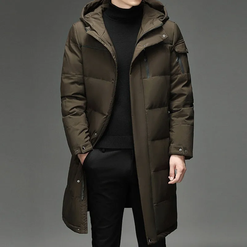 Foesce -Hooded Black Down Jackets New Mid-length Down Jacket Men Clothing  Winter Fashion Warm Down Coat Male Parkas Men Jacket Zm