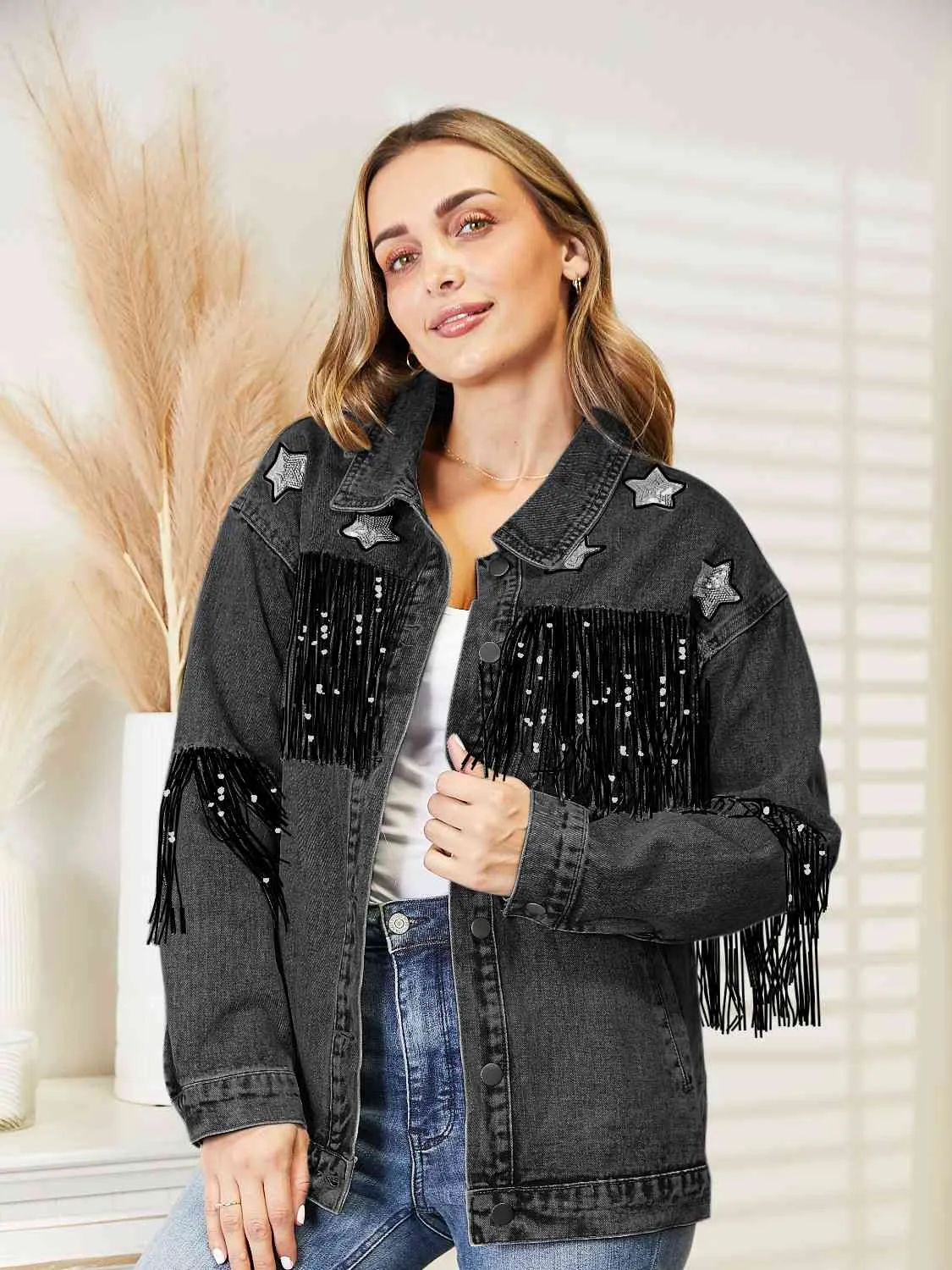 Fringe Detail Long Sleeve Denim Jacket