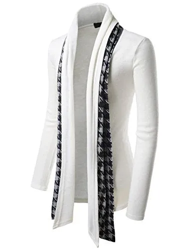 (GD92) Slim Fit Hound tooth Check Open Front Shawl Collar Stylish Wool Cardigan WHITE US L(Tag size 2XL)