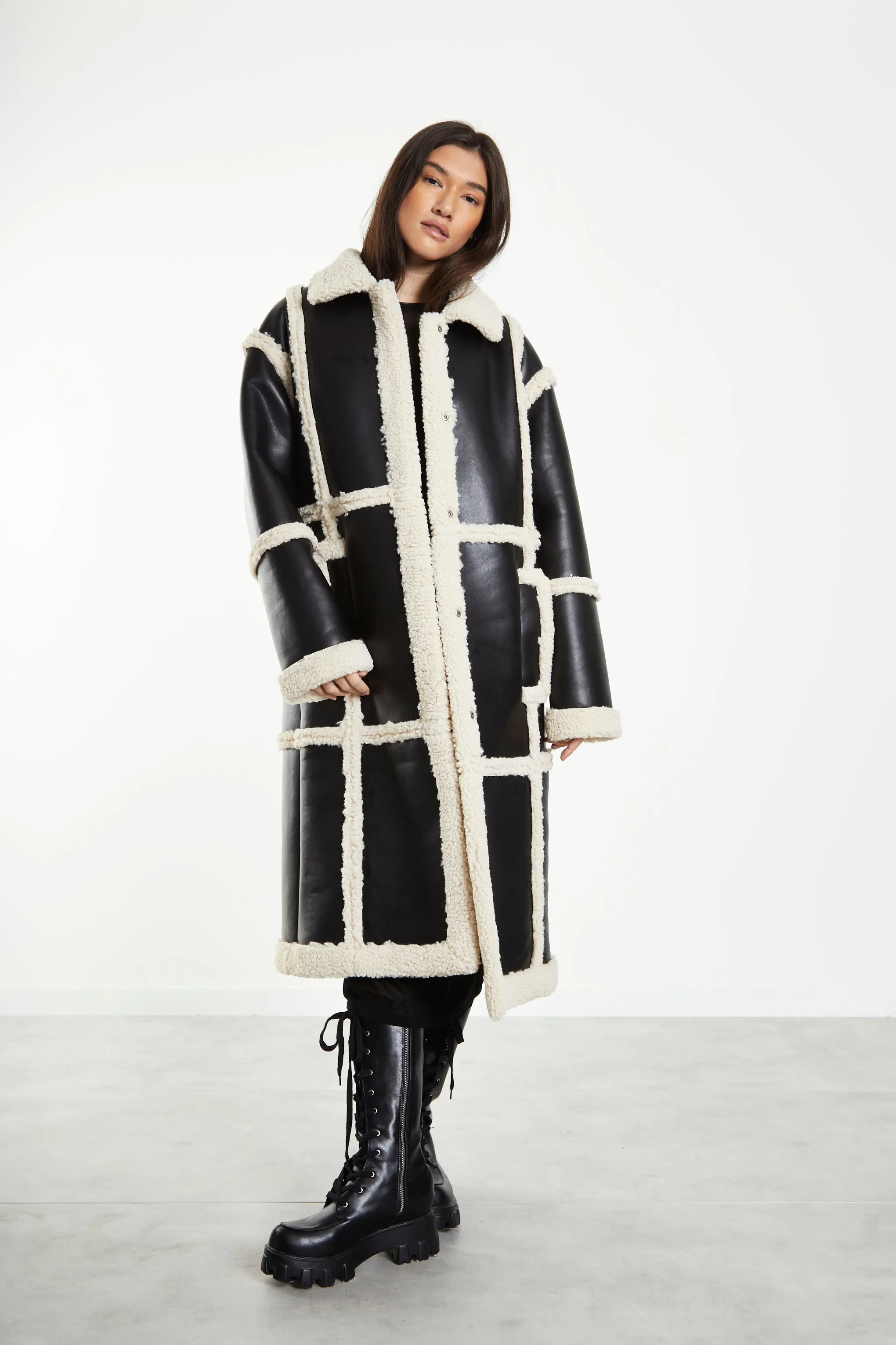 Glamorous Black Cream Long Shearling Seamed Coat with Collar