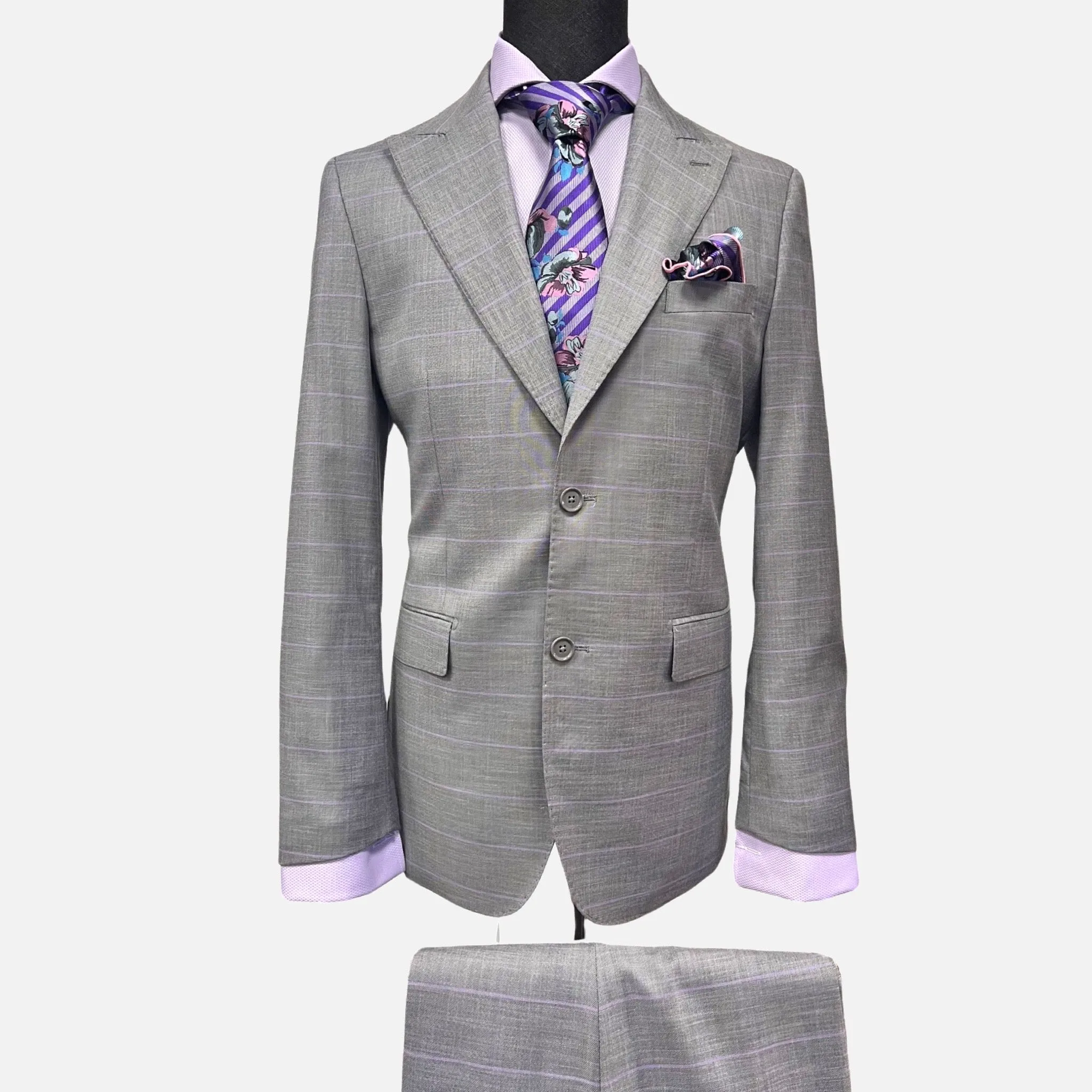 Gray with Lavender Plaid Striped Suit - Wool and Silk Blend, Modern Fit