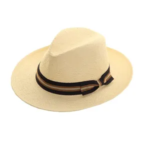 Hazy Blue Mens Straw Fedora Hat Panama Style With Wide Stripe Band and Bow