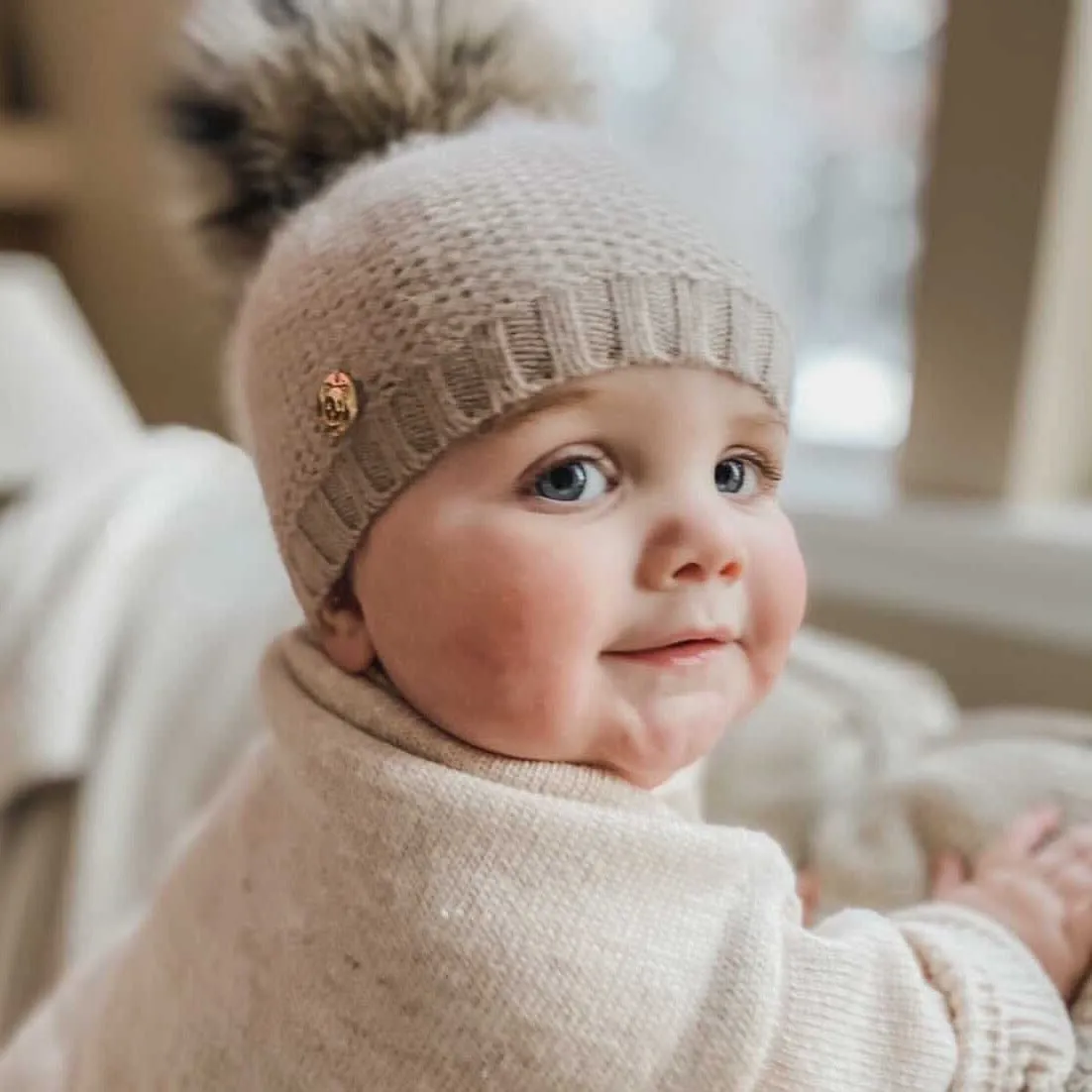 Honeycomb Beige Cashmere Beanie with Animal Print Poms