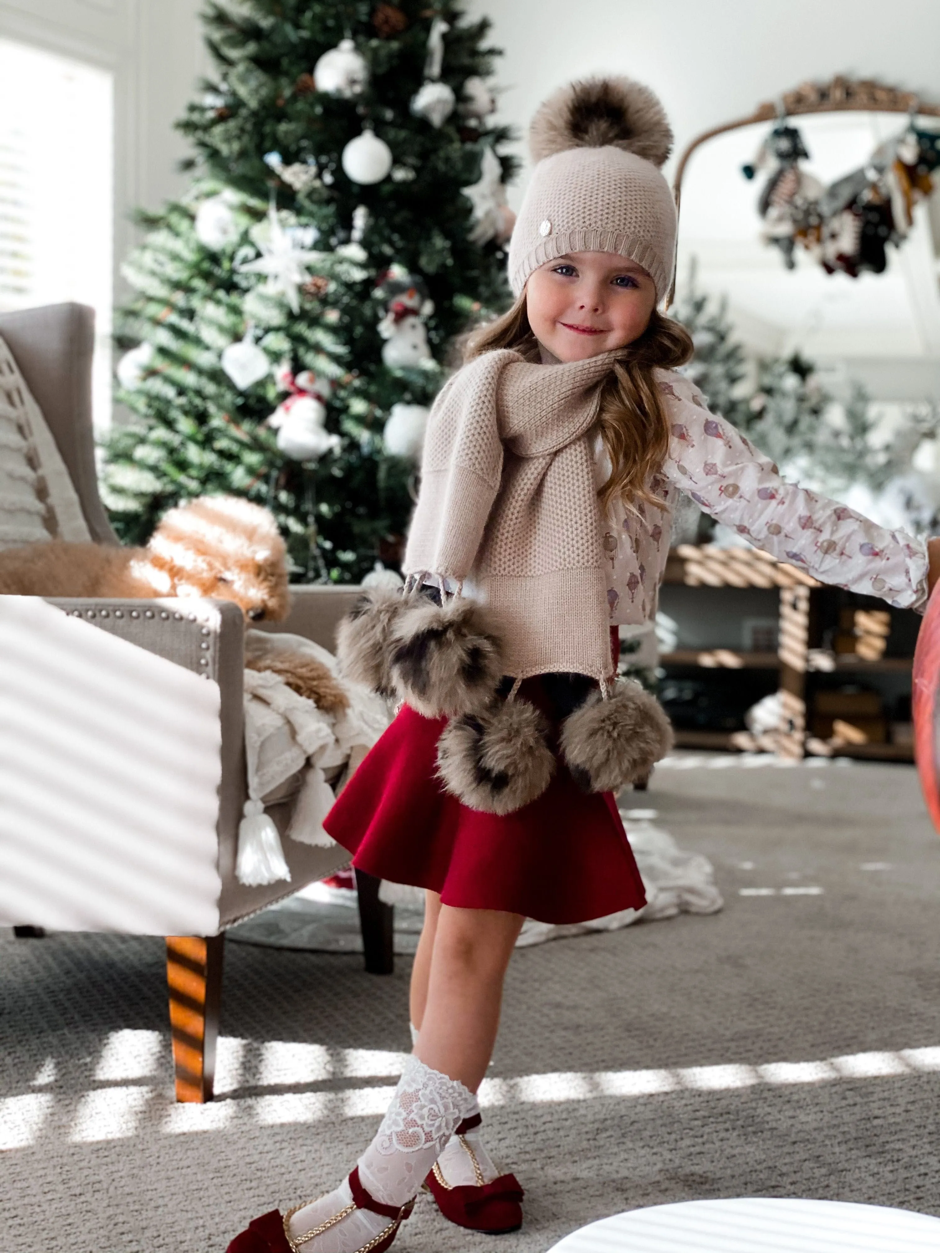 Honeycomb Beige Cashmere Beanie with Animal Print Poms