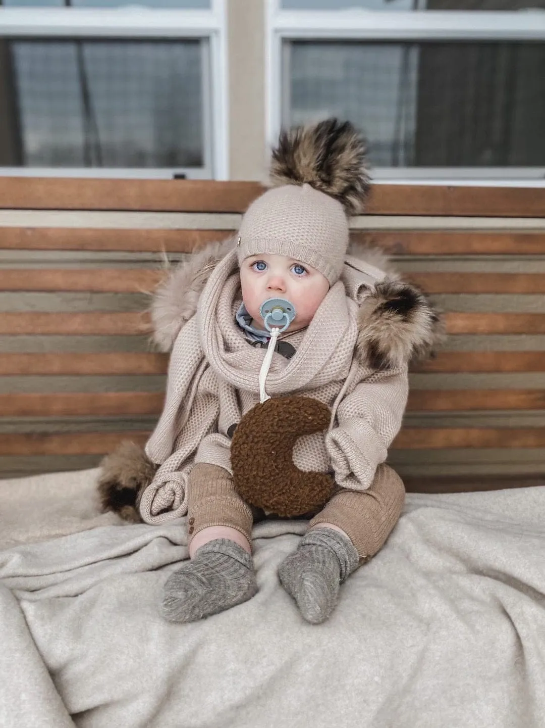 Honeycomb Beige Cashmere Beanie with Animal Print Poms