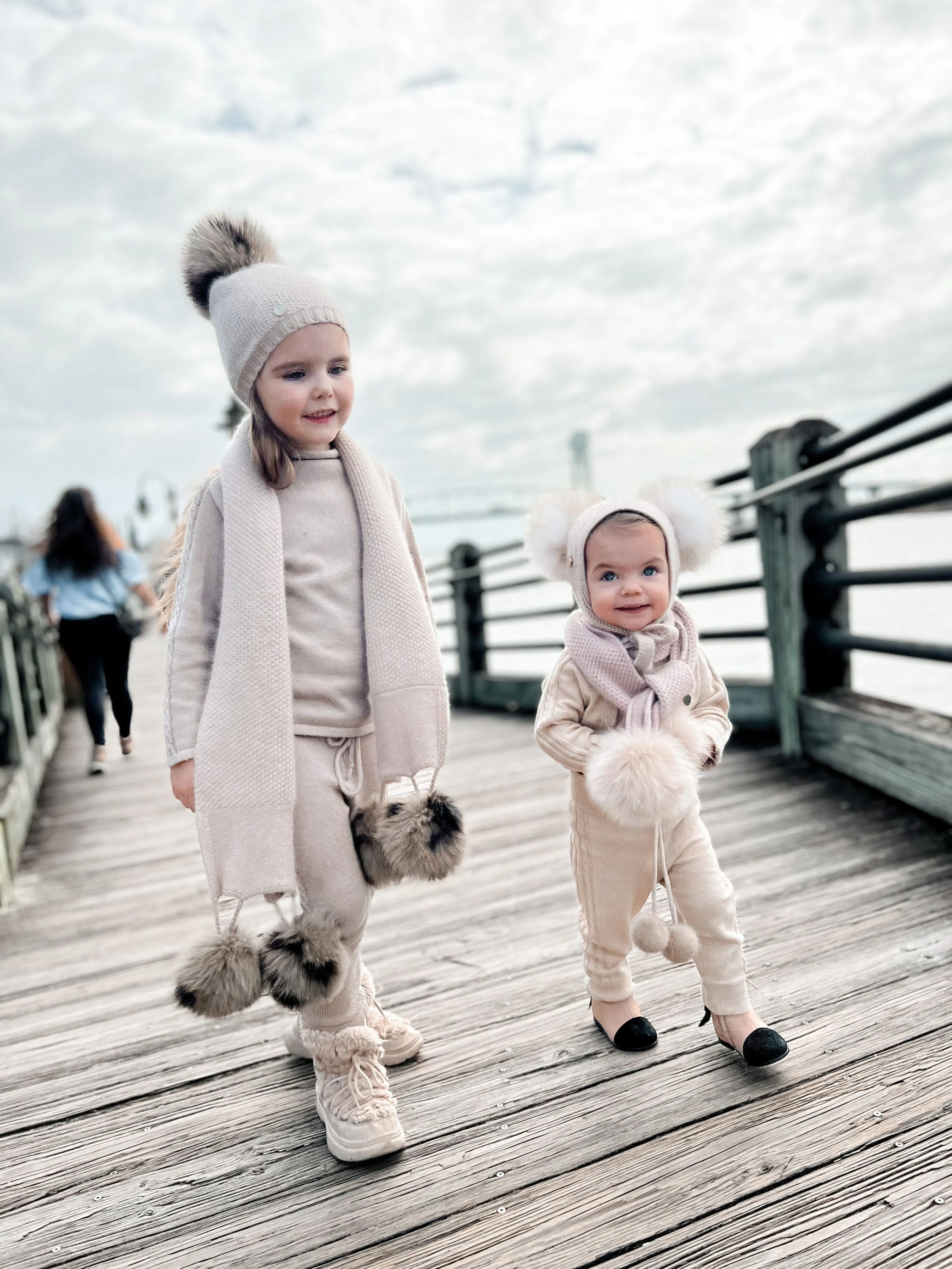 Honeycomb Beige Cashmere Beanie with Animal Print Poms