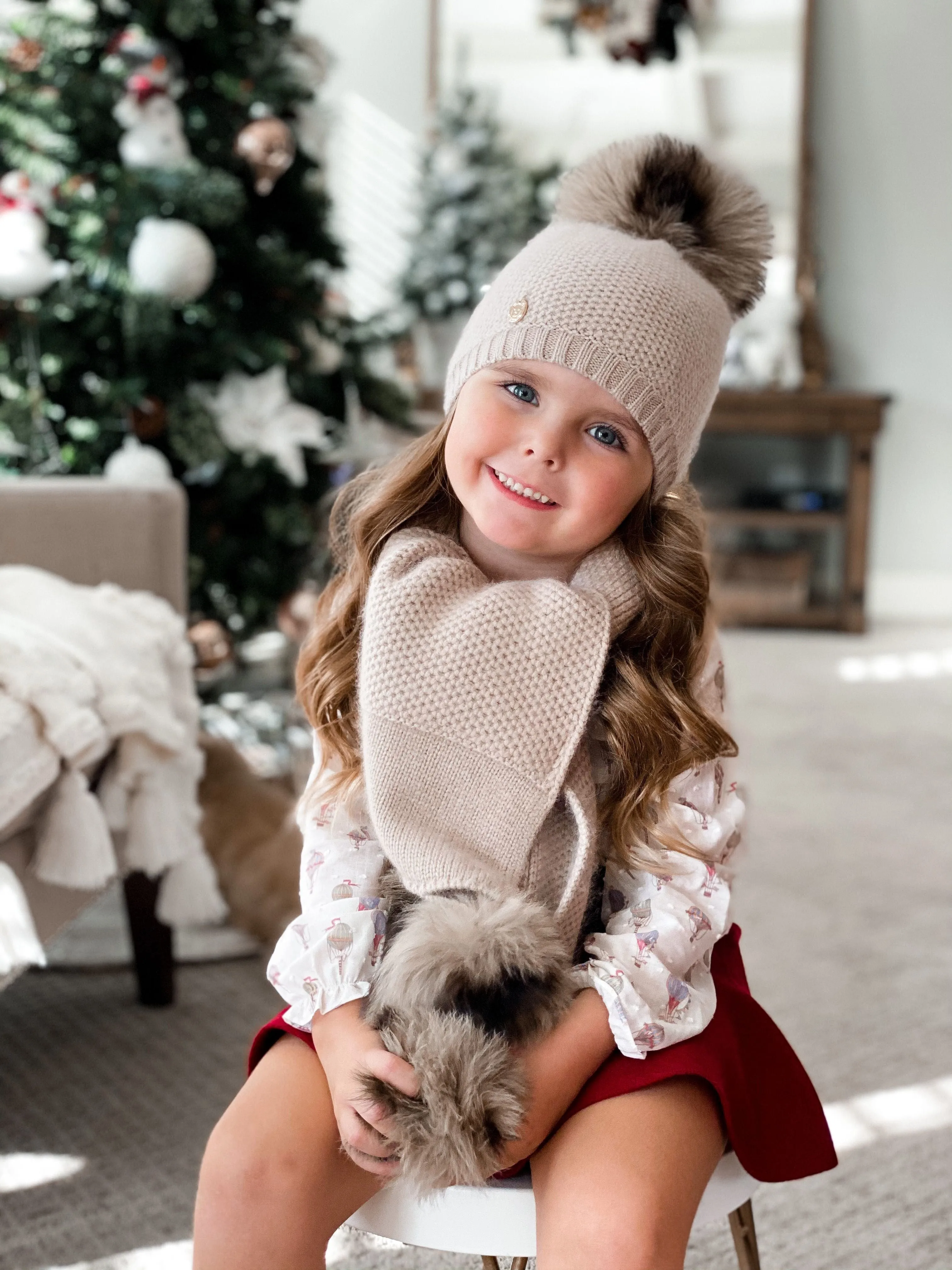 Honeycomb Beige Cashmere Beanie with Animal Print Poms