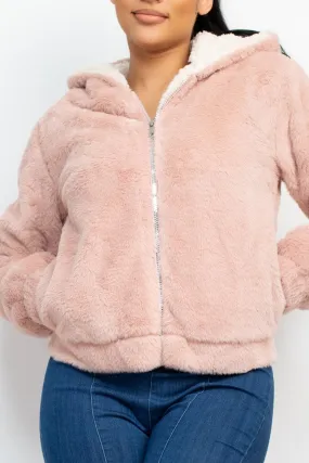 Hooded Jacket -Woven Faux Fur - Pink