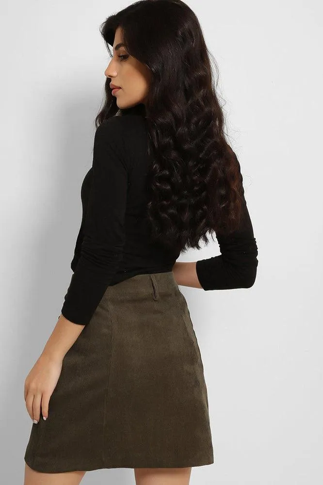 Khaki Zip Front Mini Corduroy Skirt