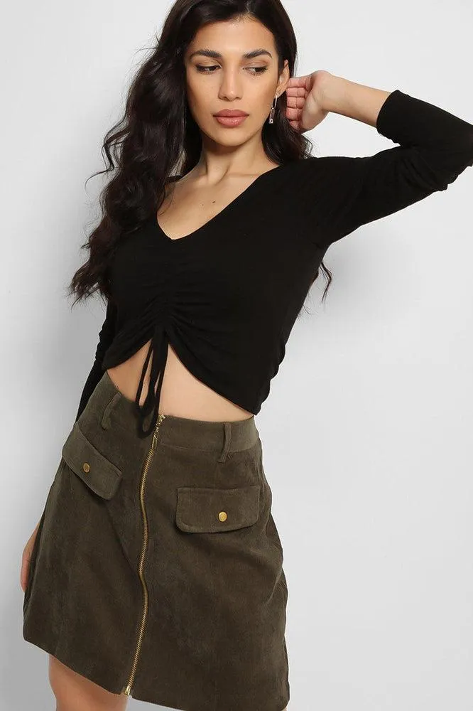 Khaki Zip Front Mini Corduroy Skirt