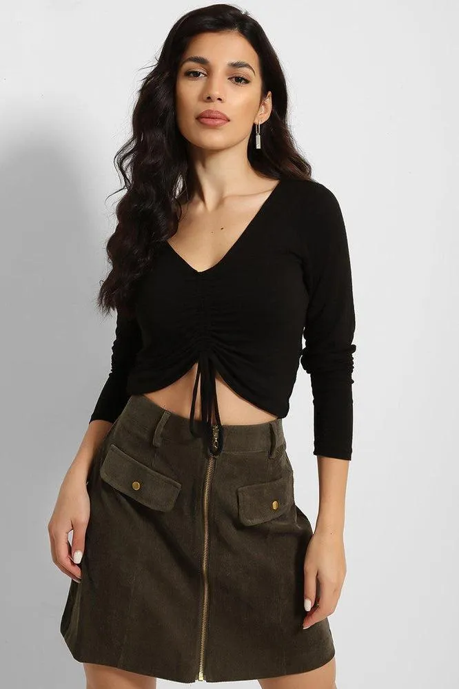 Khaki Zip Front Mini Corduroy Skirt