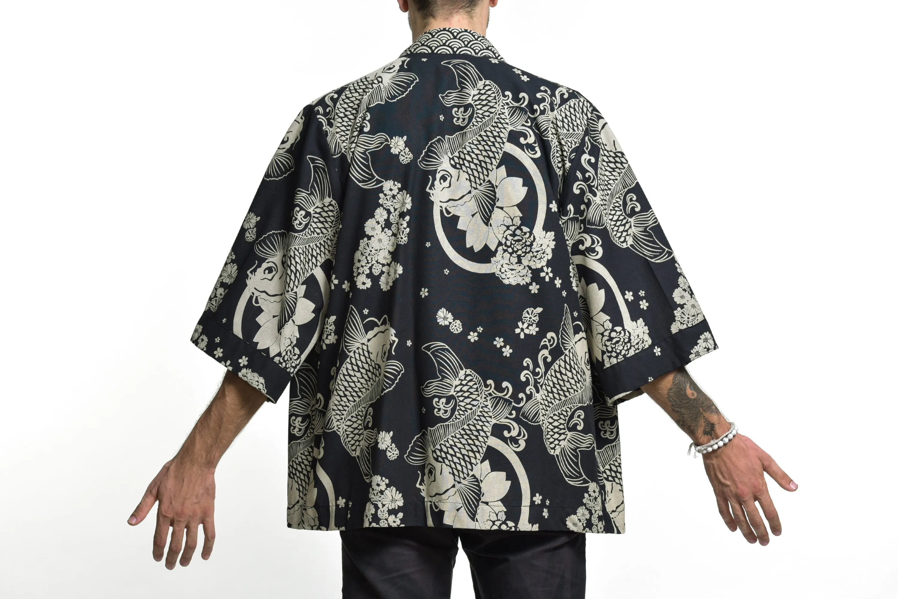 Koi Fish Print Cotton Kimono Cardigan in Black