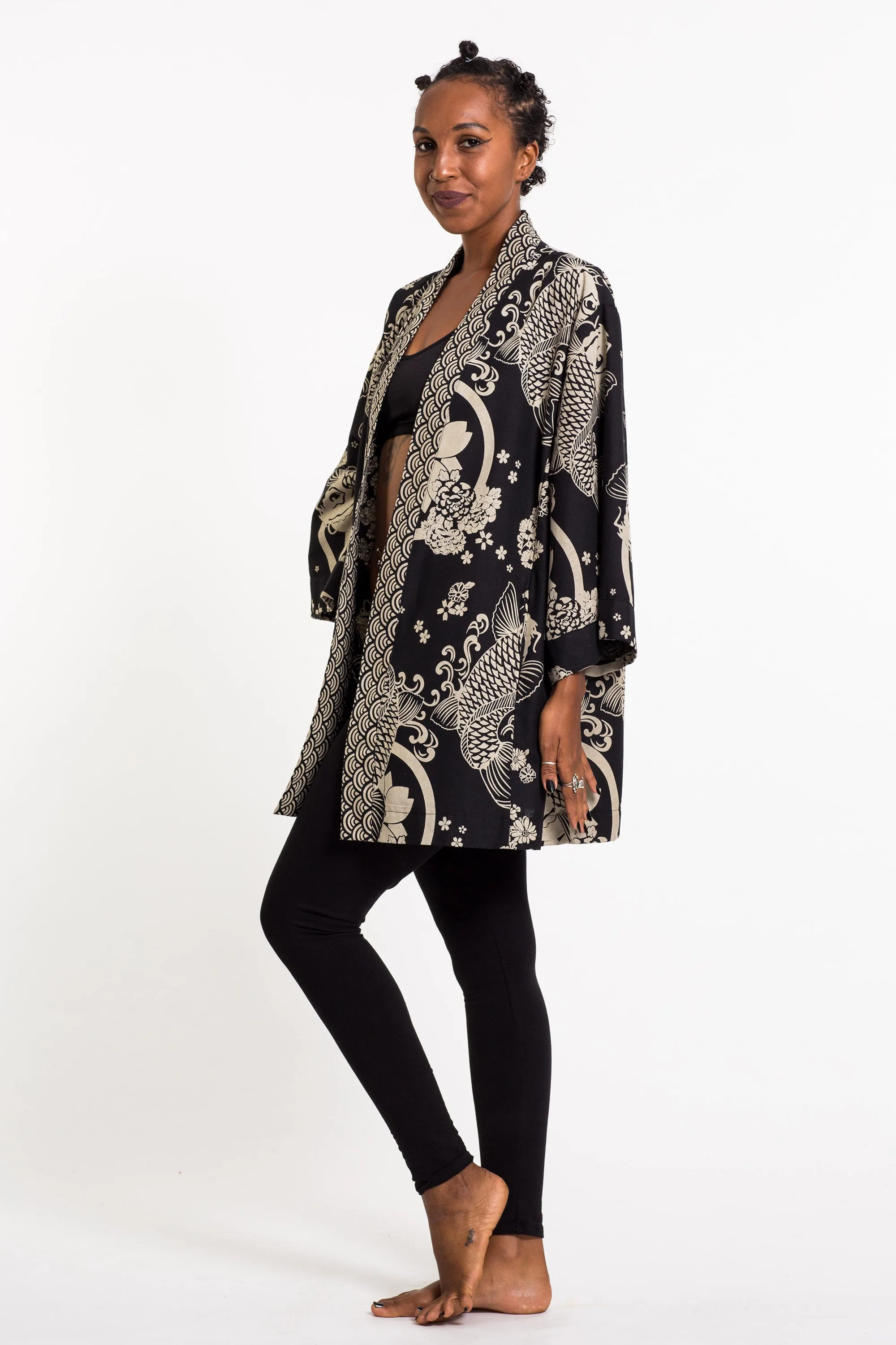 Koi Fish Print Cotton Kimono Cardigan in Black