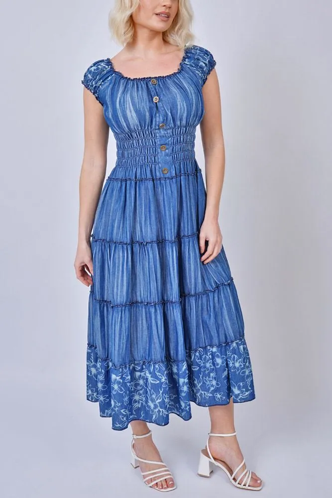 Lily Flower Print Shirred Waist Tiered Cotton Dress