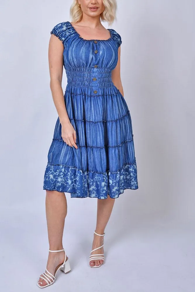 Lily Flower Print Shirred Waist Tiered Denim Cotton Dress