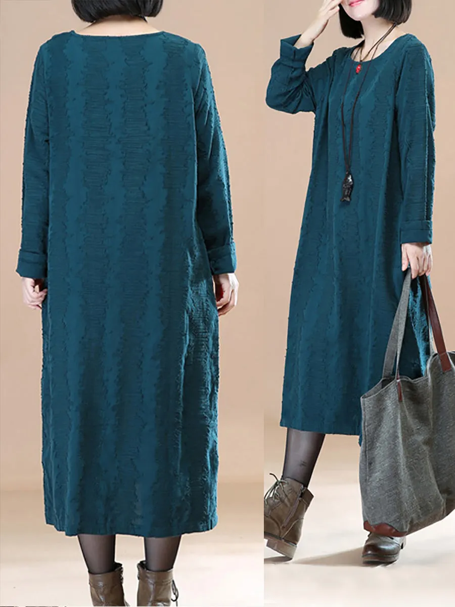 Literature Round Neck Long Sleeves Cotton Green Women Dress