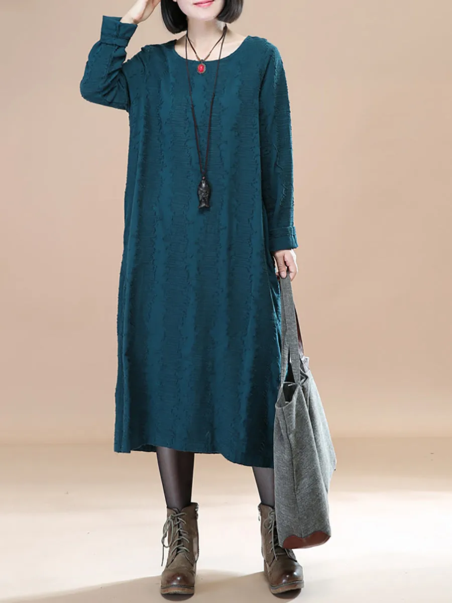 Literature Round Neck Long Sleeves Cotton Green Women Dress