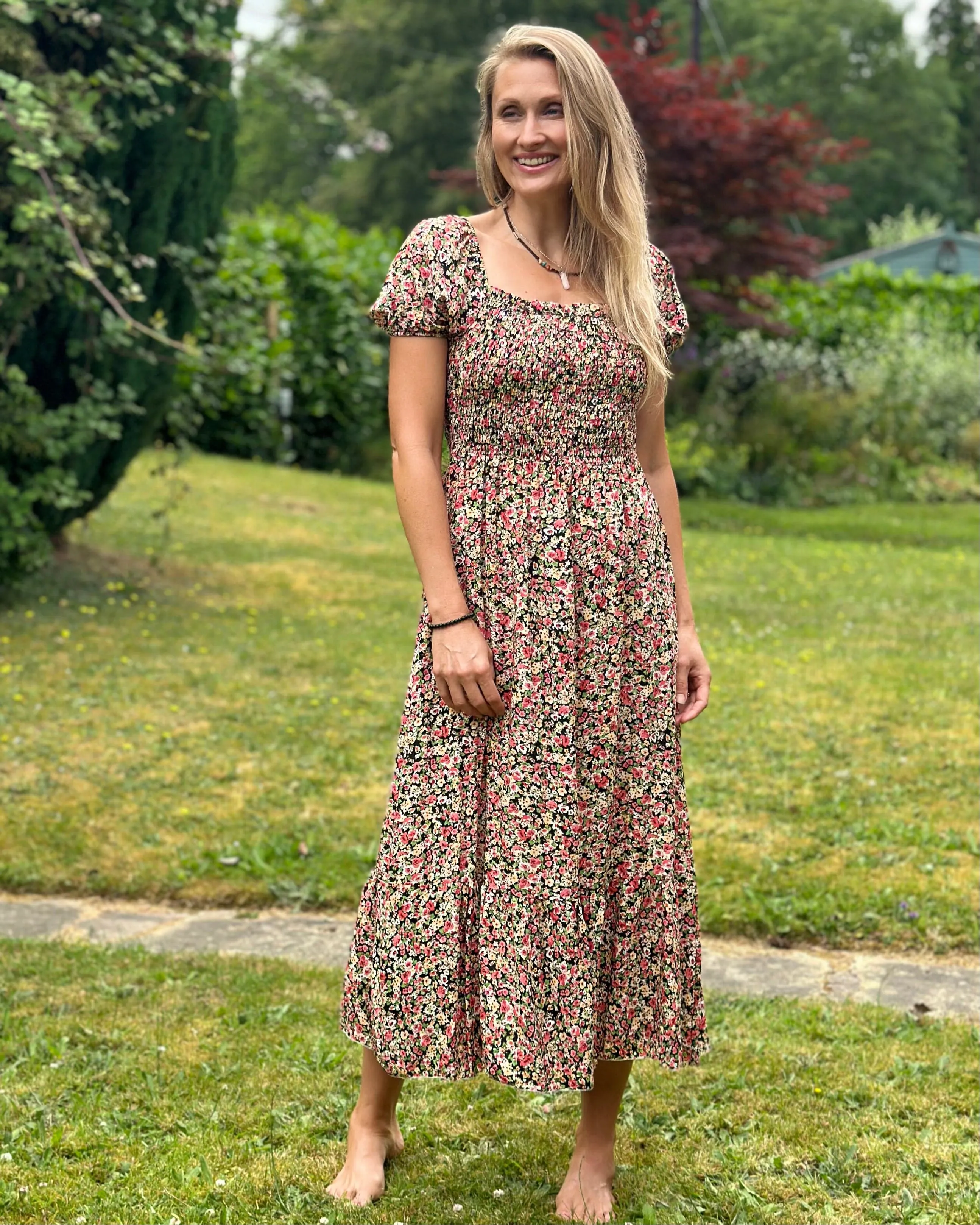 Long Ditsy Flower Print Dress - Black & Red Roses