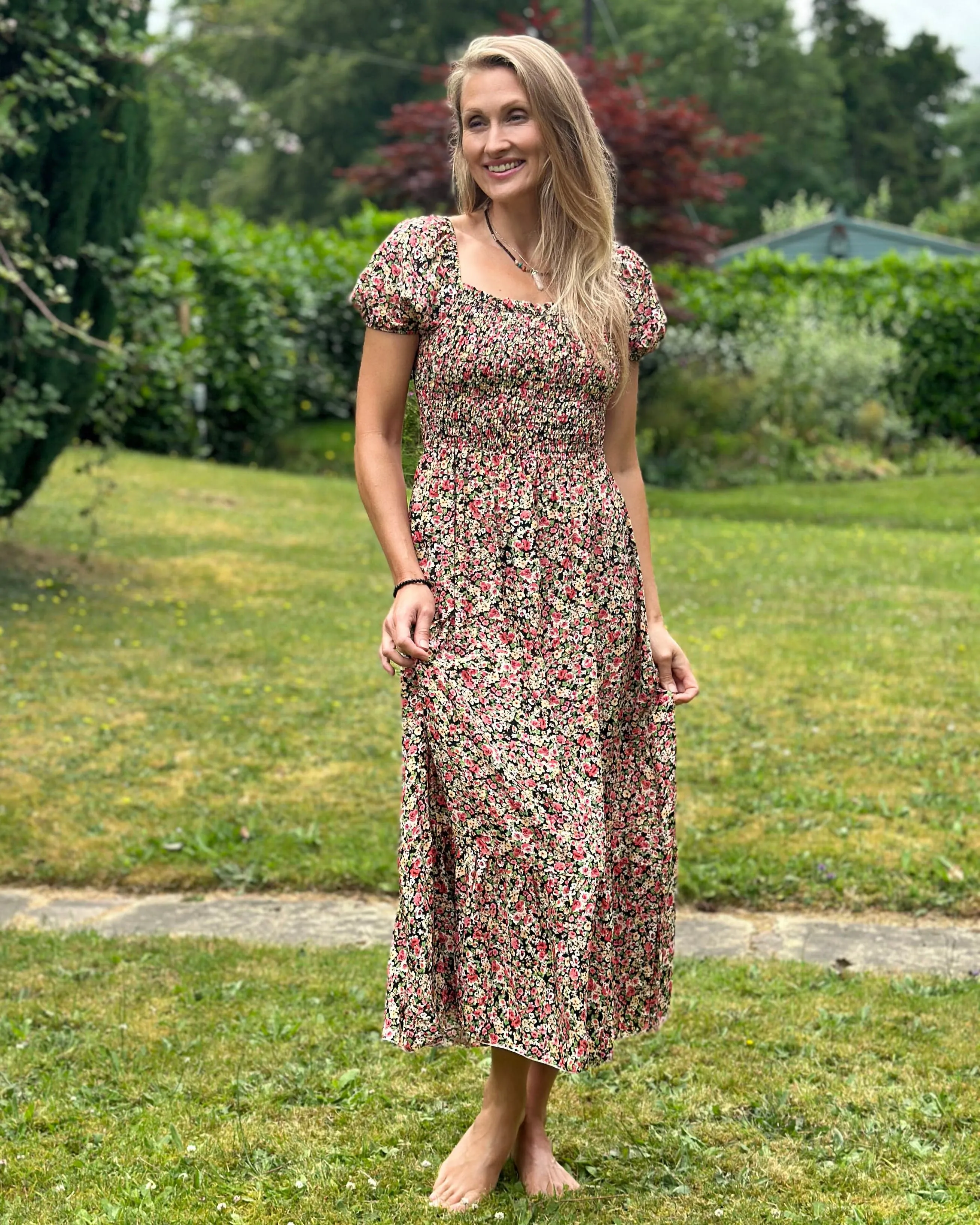 Long Ditsy Flower Print Dress - Black & Red Roses