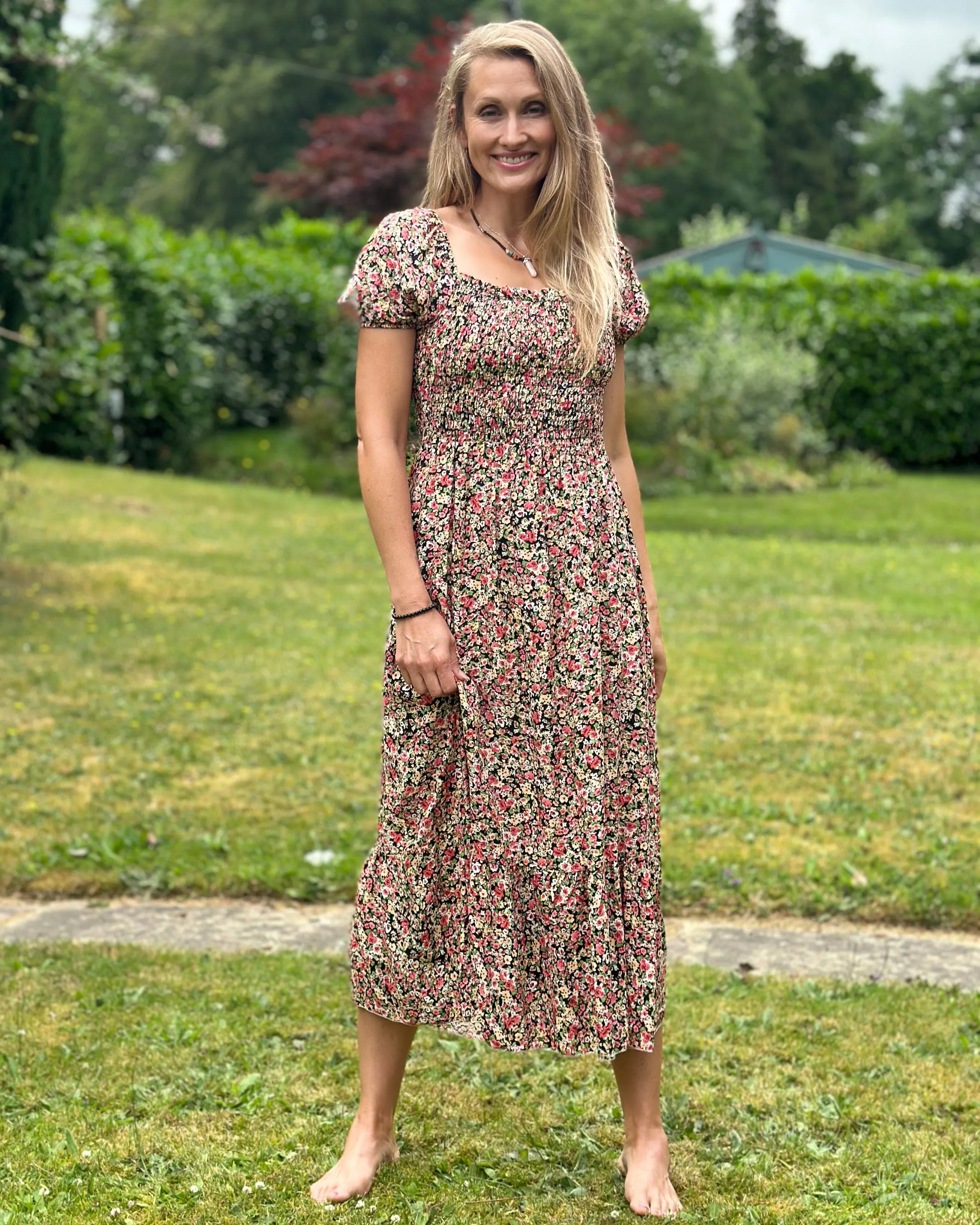 Long Ditsy Flower Print Dress - Black & Red Roses