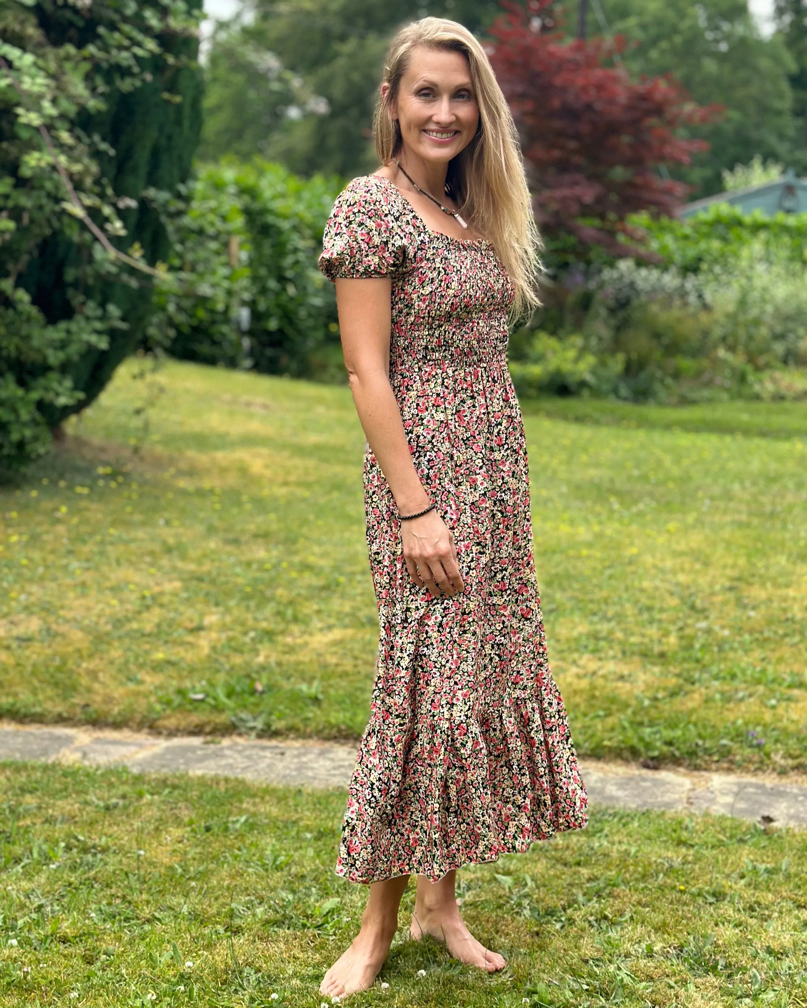 Long Ditsy Flower Print Dress - Black & Red Roses