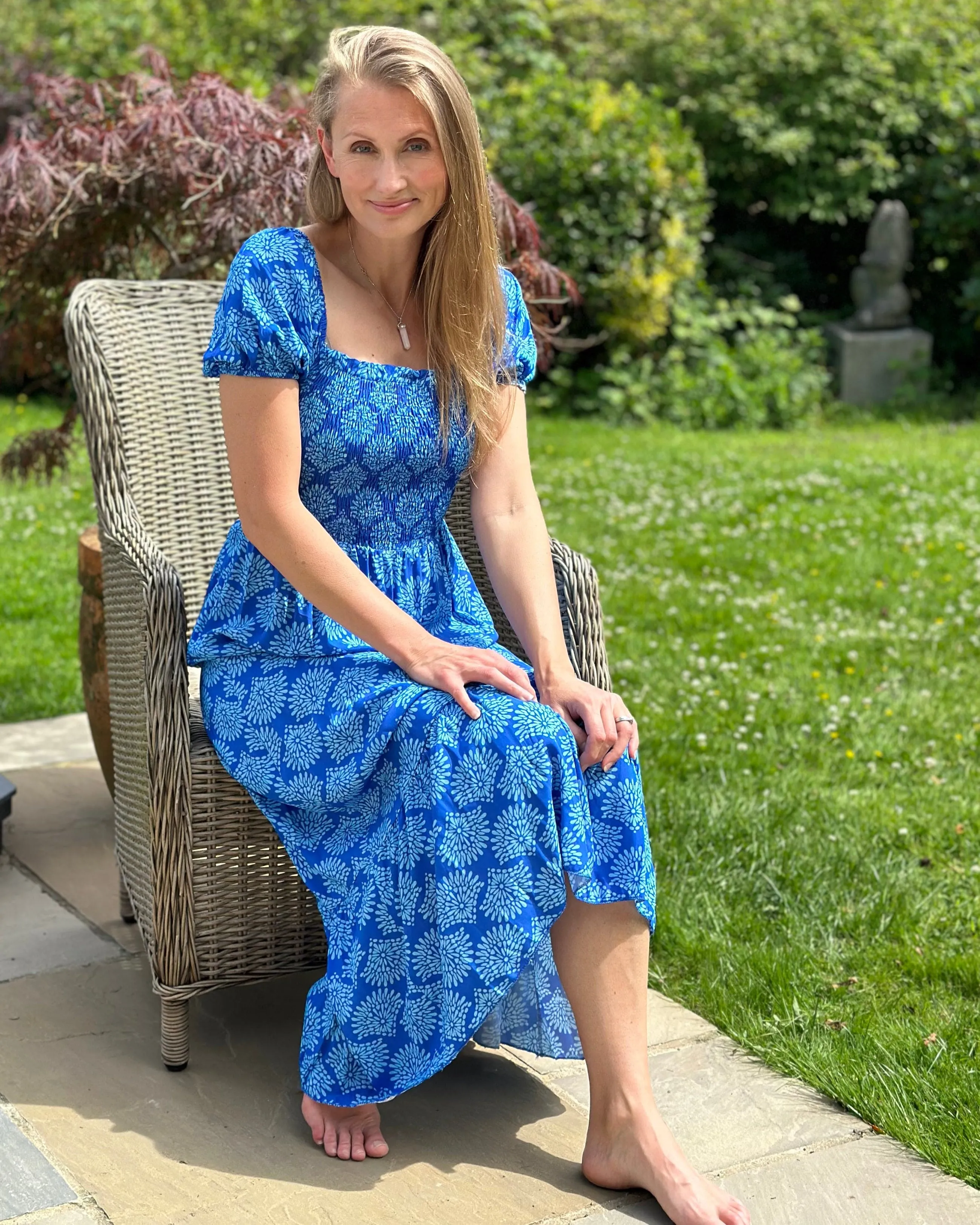 Long Ruched Bodice Print Dress - Bright Blue