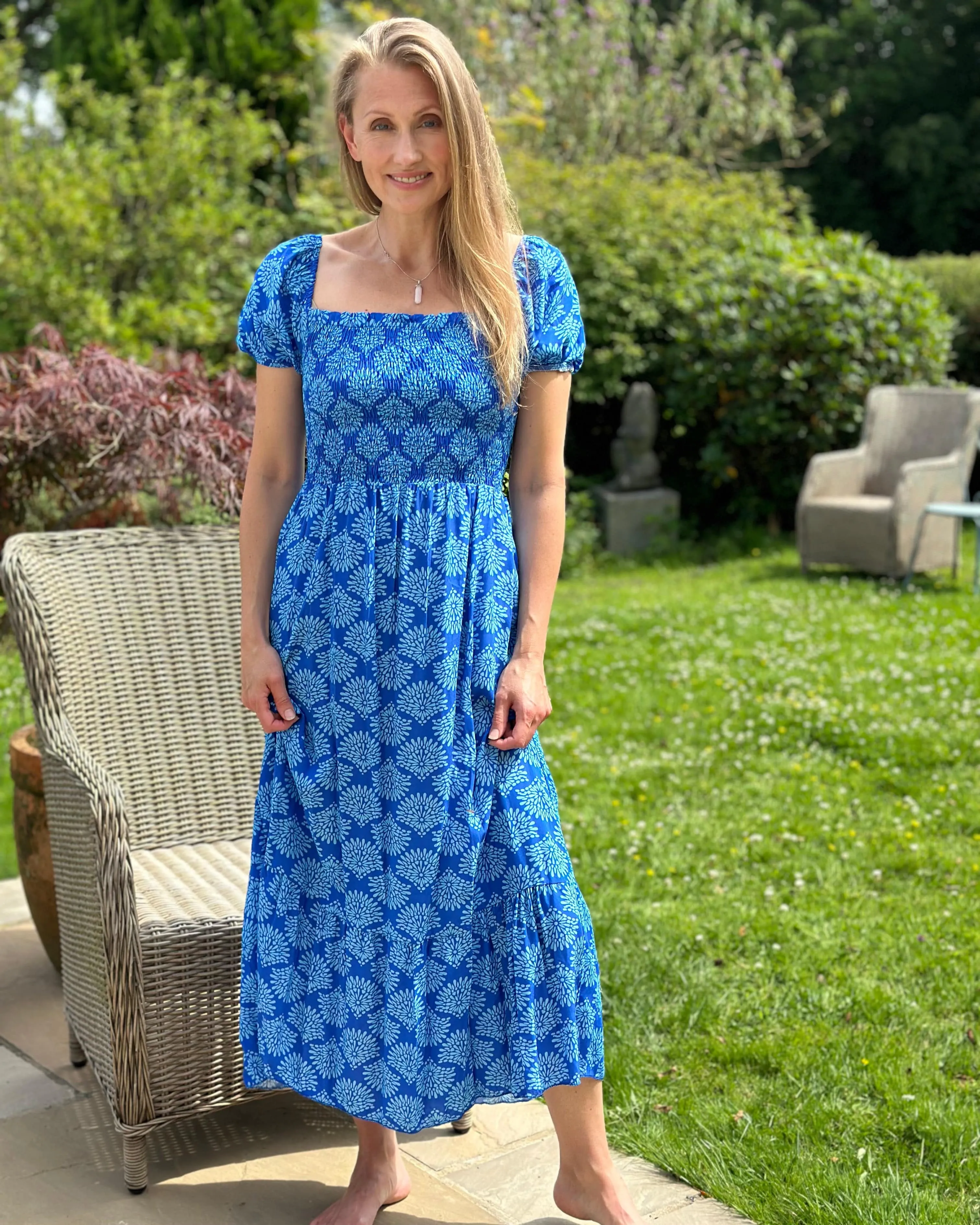 Long Ruched Bodice Print Dress - Bright Blue