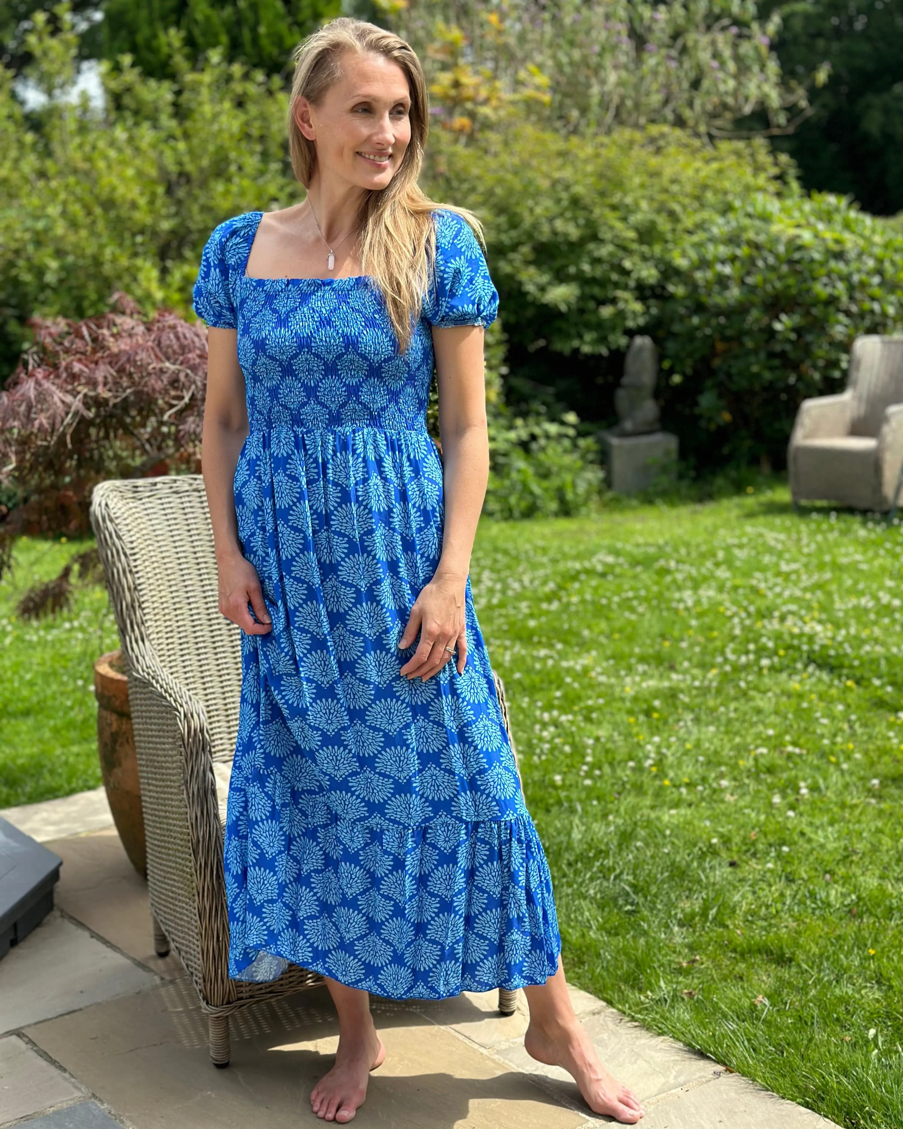 Long Ruched Bodice Print Dress - Bright Blue