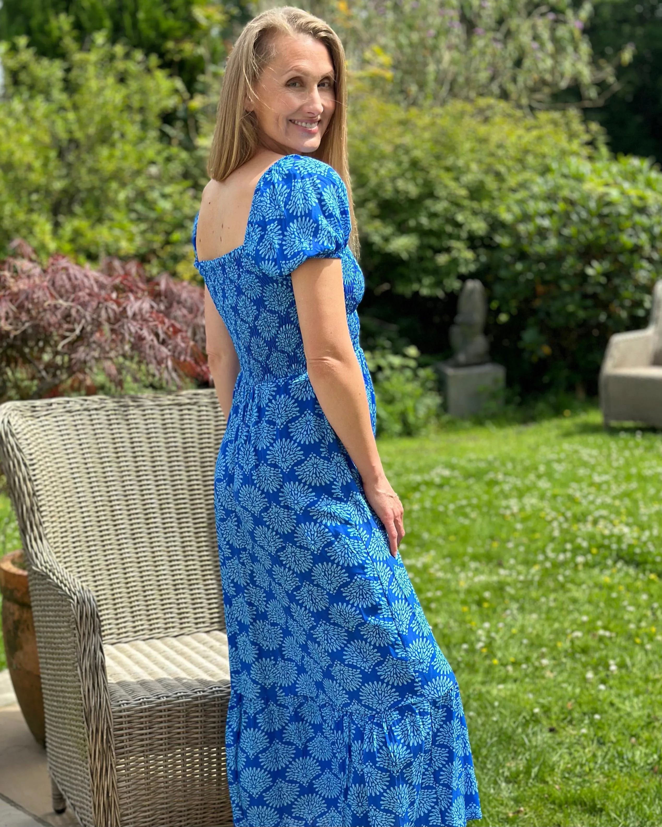 Long Ruched Bodice Print Dress - Bright Blue