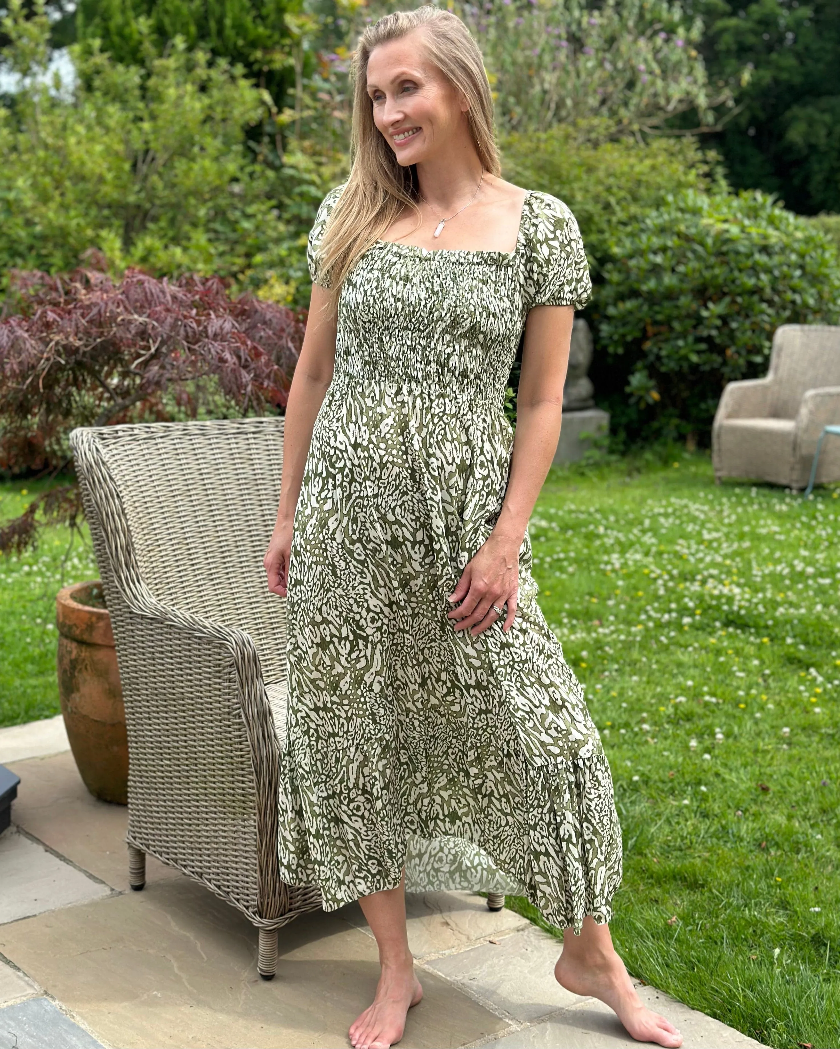 Long Ruched Bodice Print Dress - Olive Green