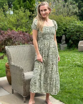 Long Ruched Bodice Print Dress - Olive Green