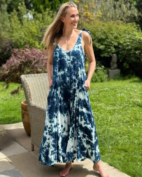 Long Tie-Dye Strap Jumpsuit - Navy