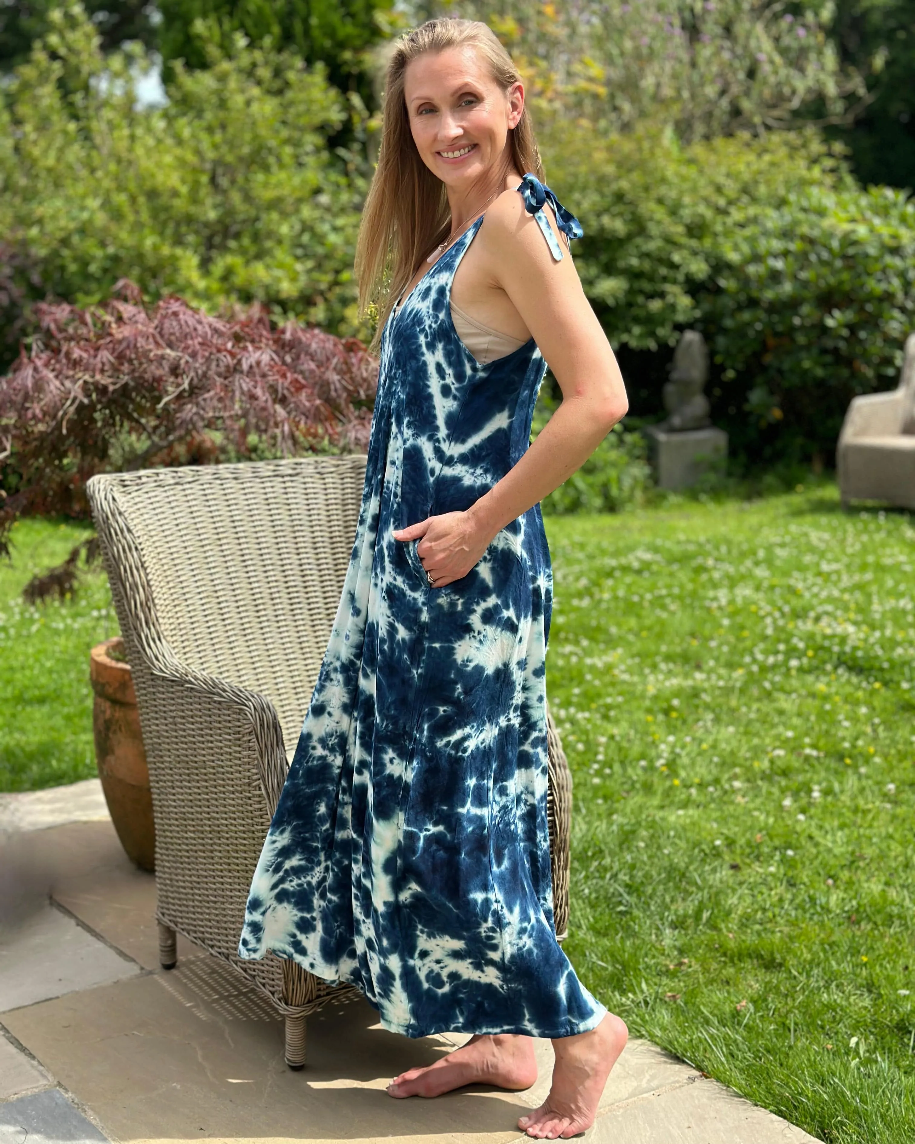 Long Tie-Dye Strap Jumpsuit - Navy