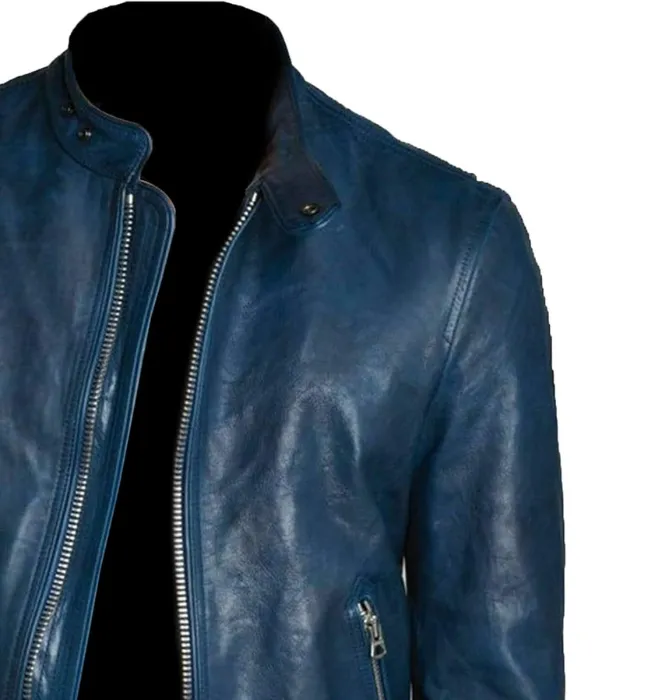 Men Lambskin Classic Zipper Jacket Slim Fit Biker Blue Jacket