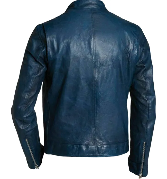 Men Lambskin Classic Zipper Jacket Slim Fit Biker Blue Jacket