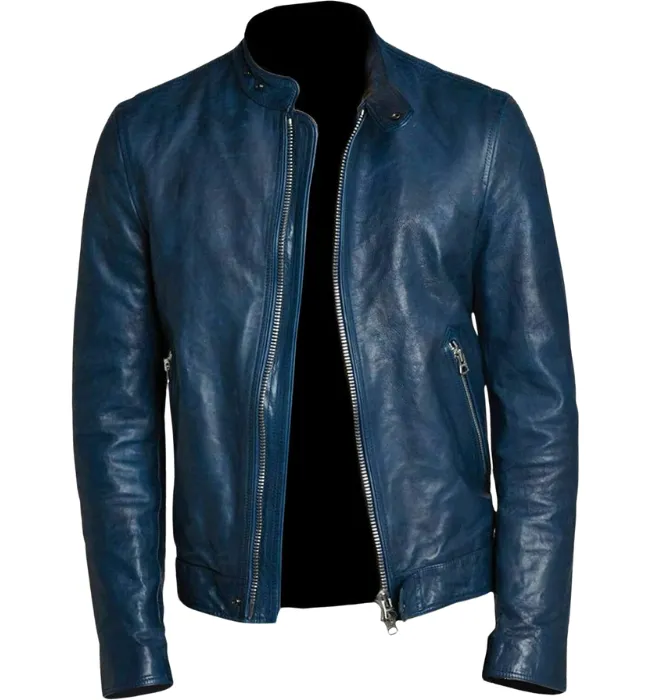 Men Lambskin Classic Zipper Jacket Slim Fit Biker Blue Jacket