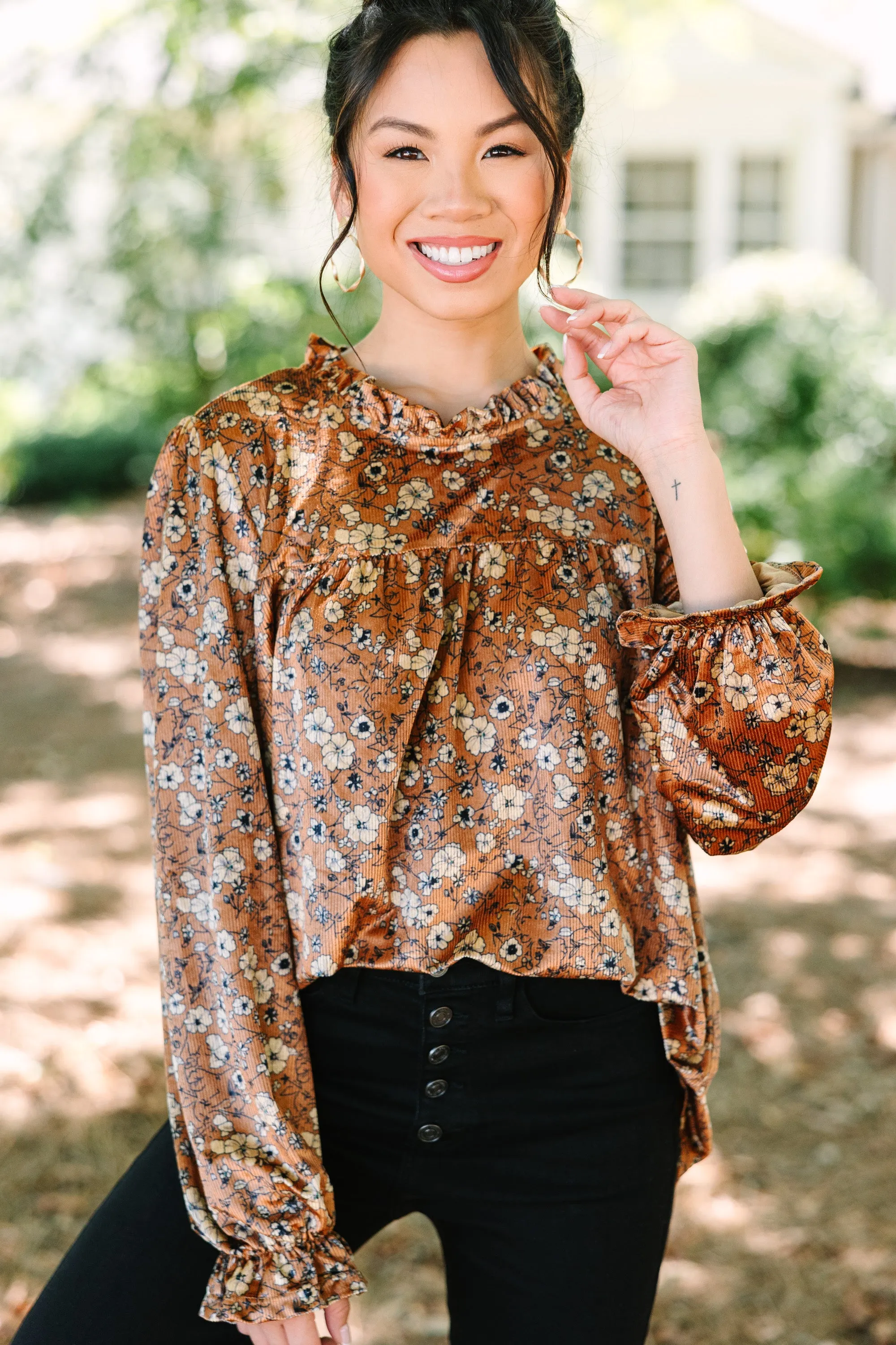 Now You Know Camel Brown Floral Blouse