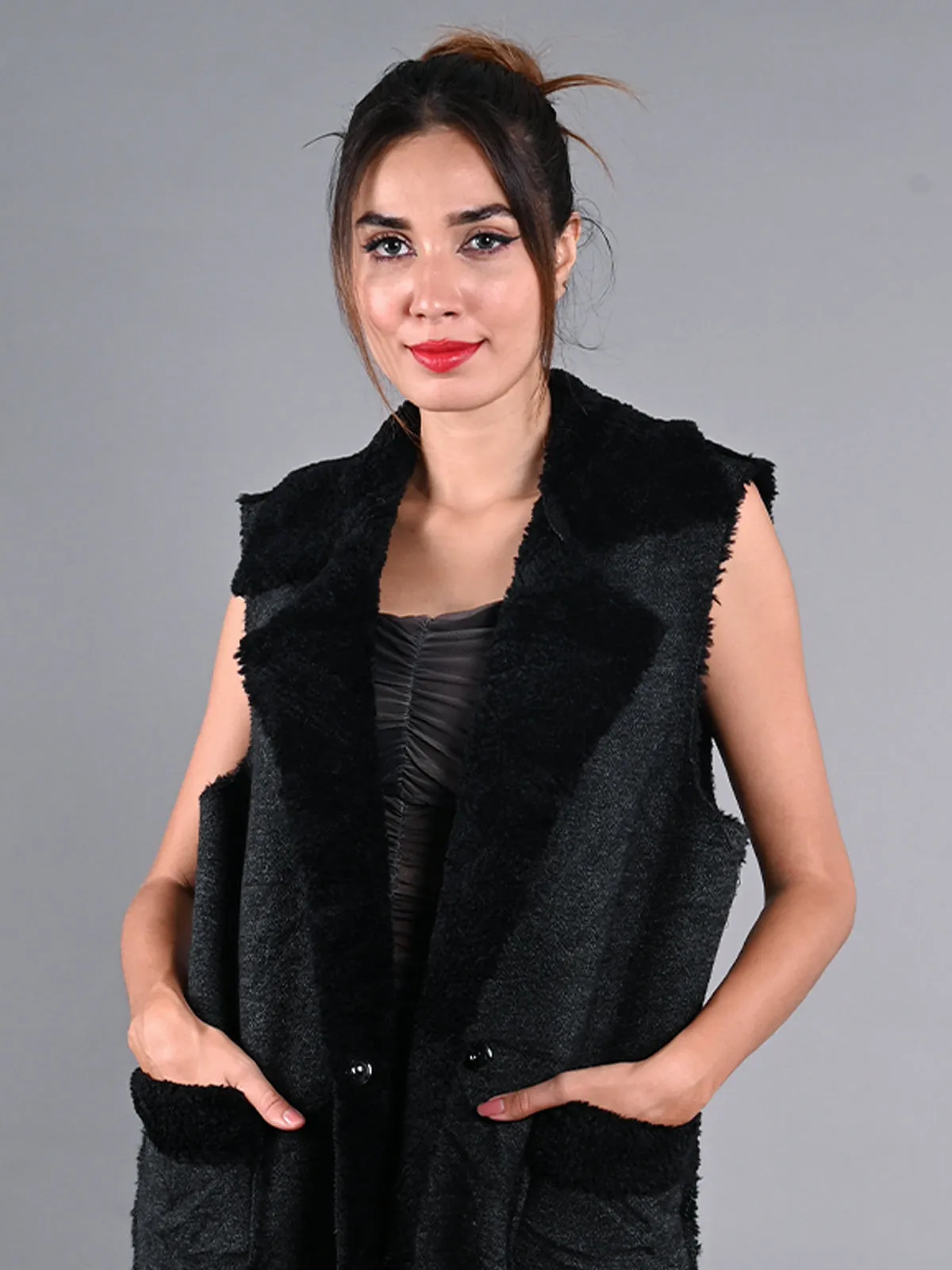 Odette Black Faux Wool Jacket for Women