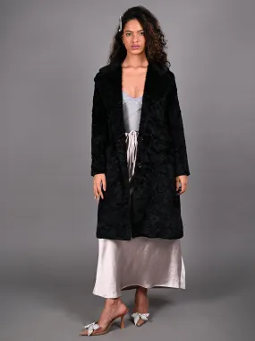 Odette Black Fur Textured Woollen Overcoat for Women