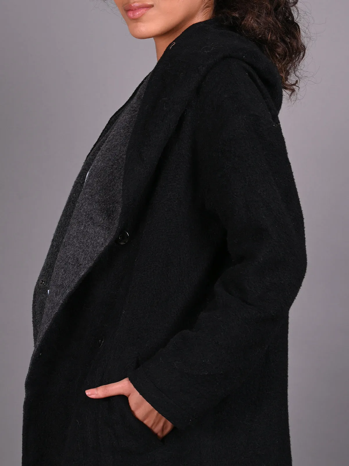 Odette Black Hoodie Style Woollen Overcoat for Women